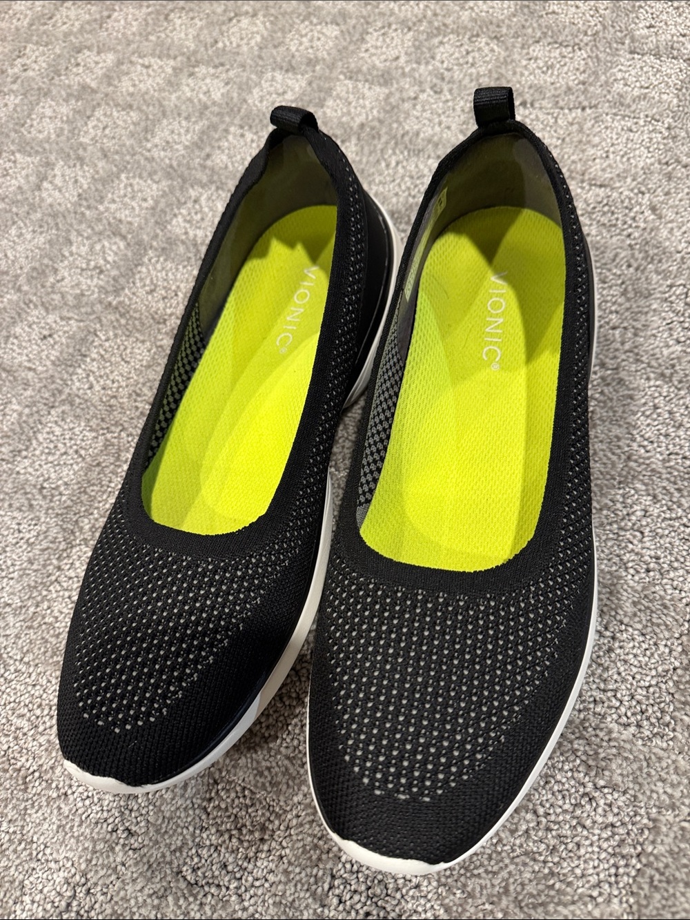 Vionic Black Knit Slip-On Flats with Neon Yellow Insole